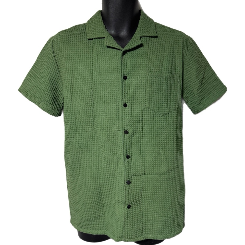 Negative Space Green Waffle Knit Short Sleeve Button Down Shirt S Seersucker